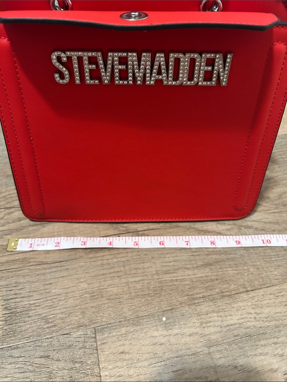 Steve Madden Red Jeweled Logo Structured Satchel with 2 straps - Picture 3 of 11